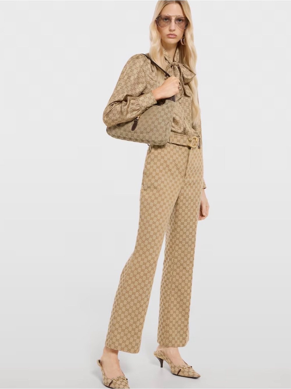 Gucci Beige Monogram Straight-Leg Pants